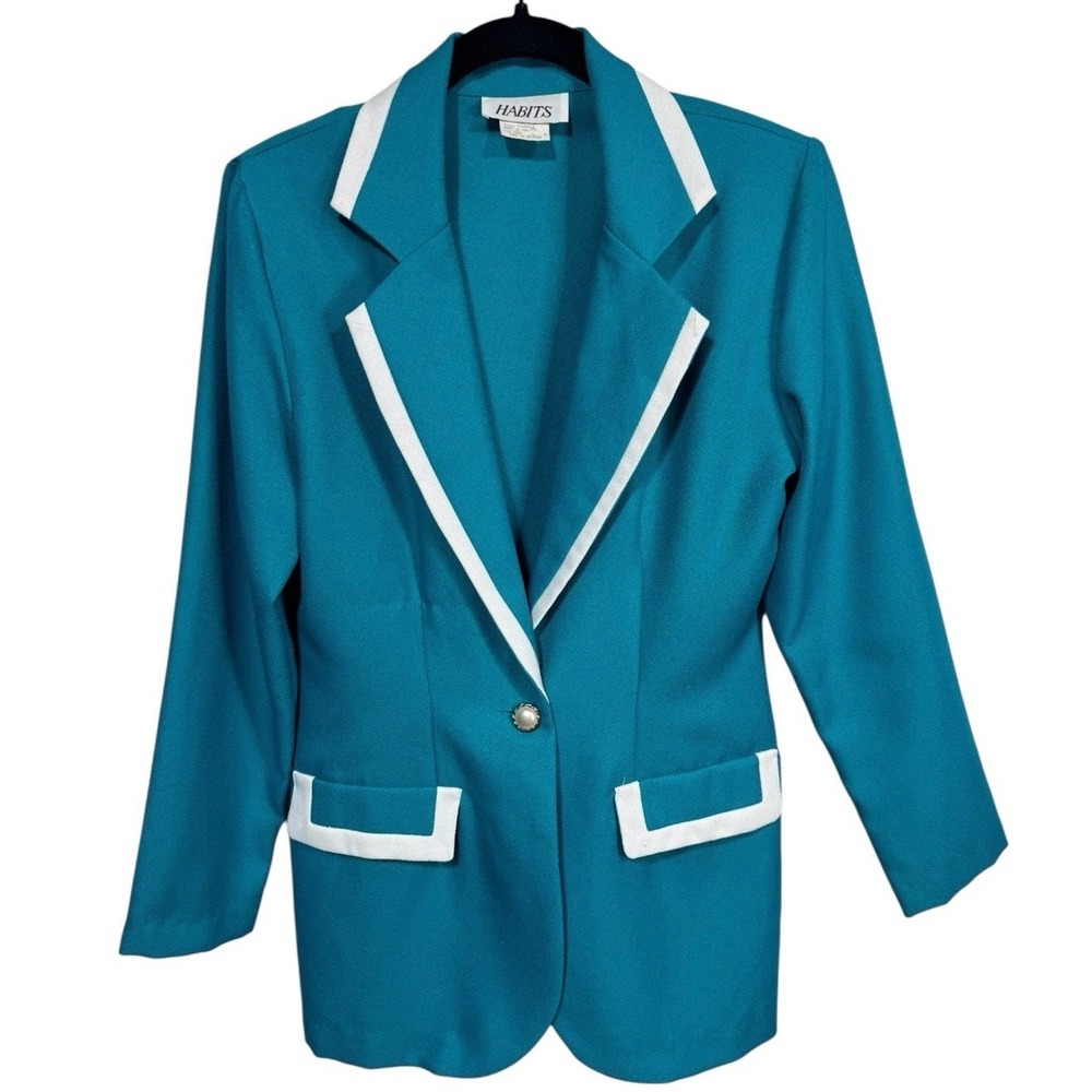 Vintage Habits Teal Blazer White Trim Single Button Mod Colorblock Women's S USA